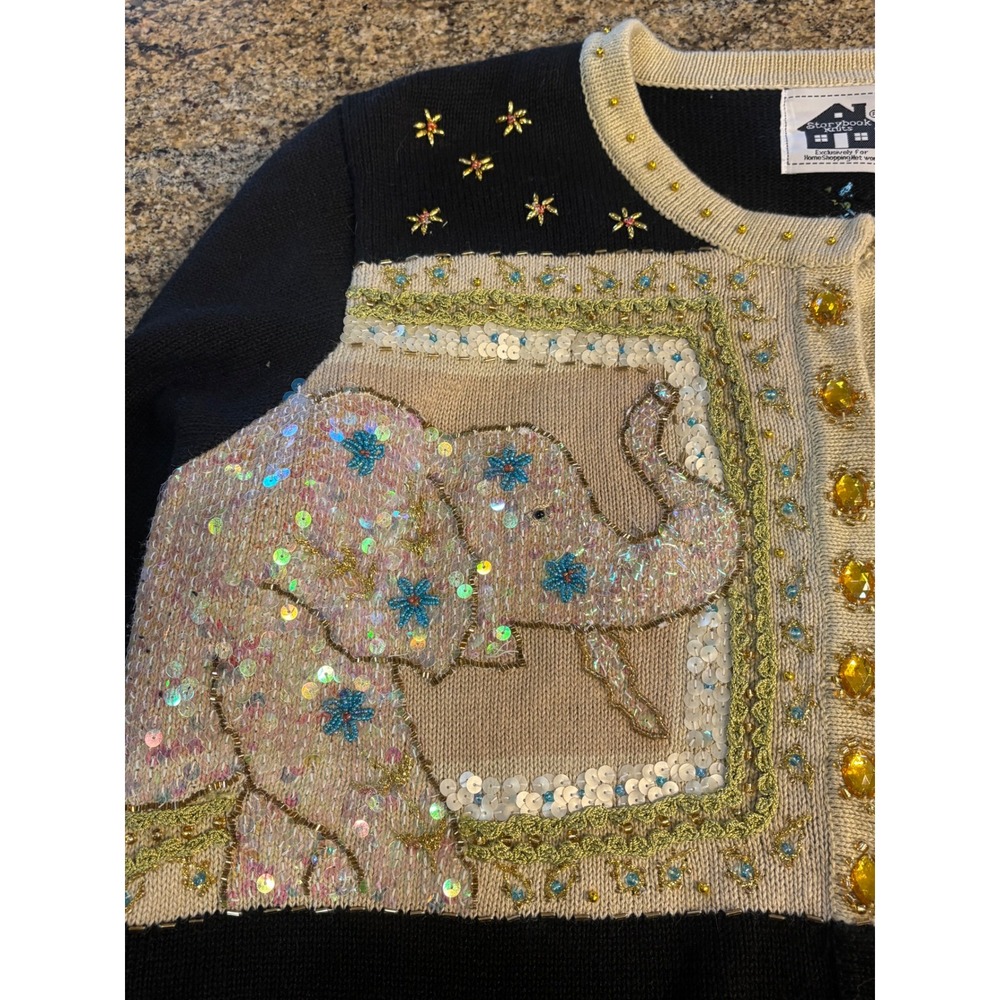 Vtg Storybook Knits 1X Black Elephant Sequin Embellished Button Cardigan Sweater - Picture 3 of 13